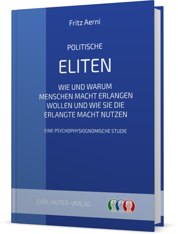 Das Bild zeigt das Cover eines Buches mit dem Titel "Gesichter sprechen" von Fritz Aerni. Der Untertitel lautet "Physiognomik und Mimik des menschlichen Gesichtes auf der Grundlage der Huterschen Psychophysiognomik". Es ist die 3. Auflage und wird vom Carl-Huter-Verlag veröffentlicht. Auf dem Cover sind zwei gezeichnete Profile von Köpfen mit verschiedenen beschrifteten Abschnitten zu sehen, die verschiedene Bereiche des Gesichts kennzeichnen.